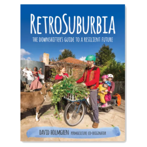cover of the book RetroSuburbia showing a man on a bicycle, a child on the back, a goat.